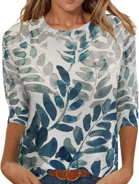 3/4 Length Sleeve Womens Tops 2025 Crewneck Casual Tunic Tops Loose Fit Boho Clothes Floral Print Summer T Shirts