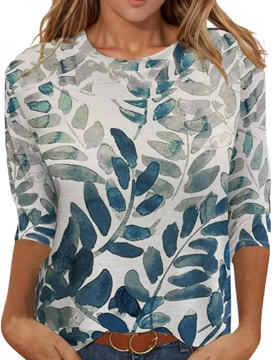 3/4 Length Sleeve Womens Tops 2025 Crewneck Casual Tunic Tops Loose Fit Boho Clothes Floral Print Summer T Shirts