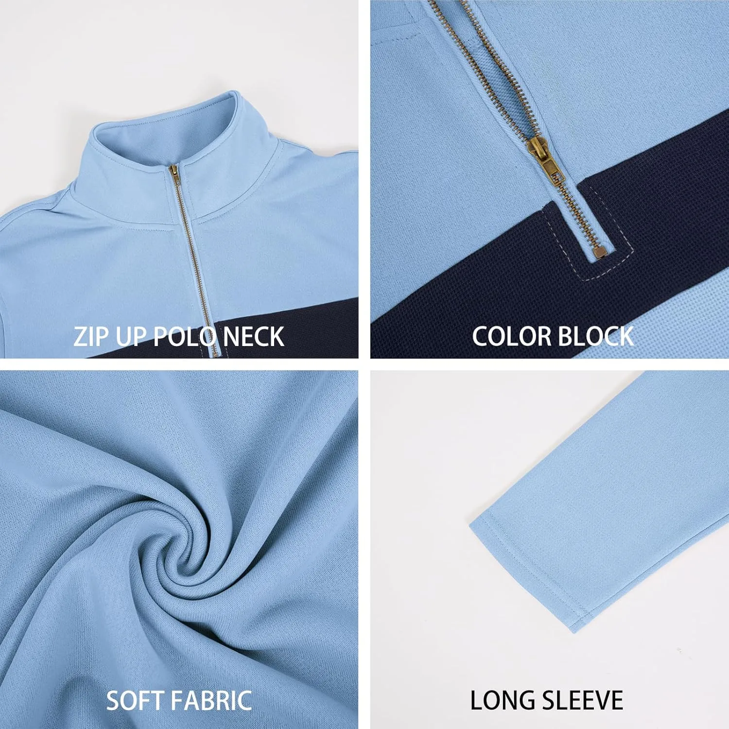 Angbater Mens Long Sleeve Quarter Zipper Polo Shirts Striped Color Block Sweater Mock Neck Golf Pullover