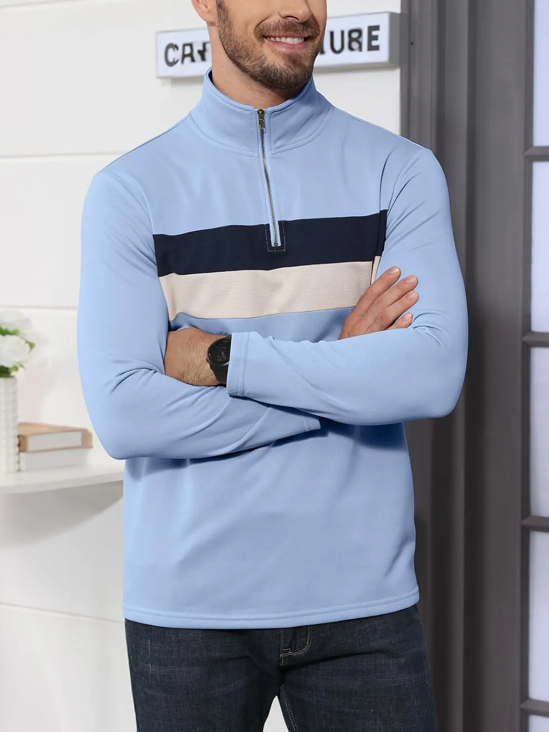 Angbater Mens Long Sleeve Quarter Zipper Polo Shirts Striped Color Block Sweater Mock Neck Golf Pullover