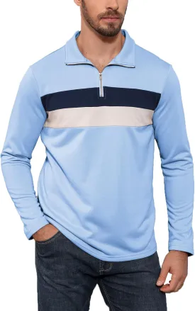 Angbater Mens Long Sleeve Quarter Zipper Polo Shirts Striped Color Block Sweater Mock Neck Golf Pullover