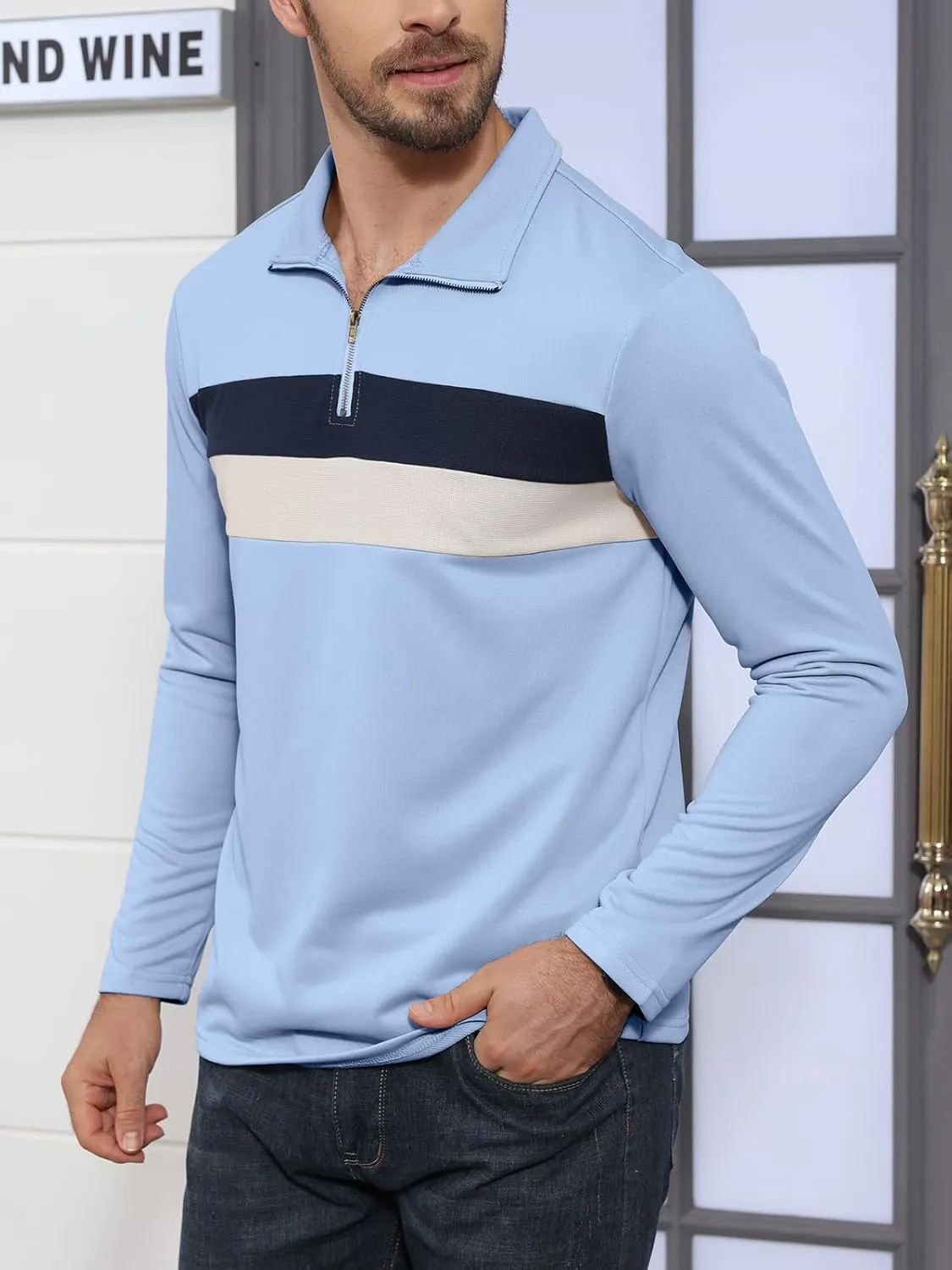 Angbater Mens Long Sleeve Quarter Zipper Polo Shirts Striped Color Block Sweater Mock Neck Golf Pullover