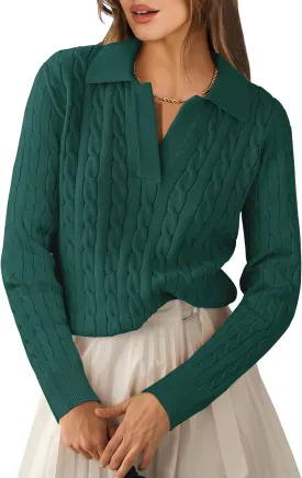 ANRABESS Womens Cable Knit Sweaters Long Sleeve V Neck Sweater Tops Casual Pullover Polo Shirts 2024 Fall Fashion Outfits