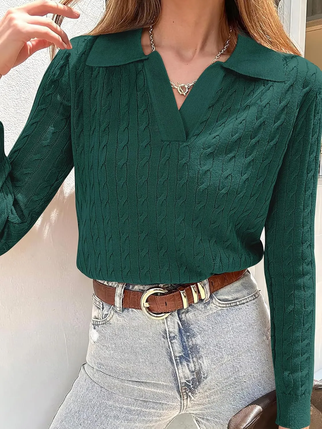 ANRABESS Womens Cable Knit Sweaters Long Sleeve V Neck Sweater Tops Casual Pullover Polo Shirts 2024 Fall Fashion Outfits