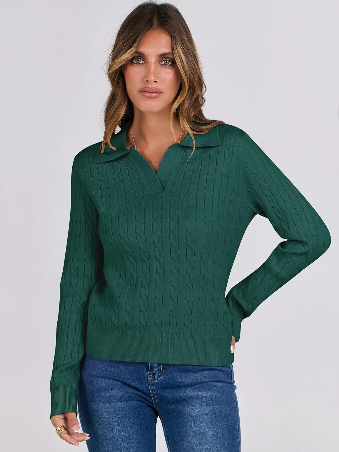 ANRABESS Womens Cable Knit Sweaters Long Sleeve V Neck Sweater Tops Casual Pullover Polo Shirts 2024 Fall Fashion Outfits