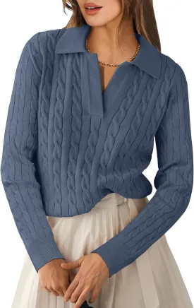 ANRABESS Womens Cable Knit Sweaters Long Sleeve V Neck Sweater Tops Casual Pullover Polo Shirts 2024 Fall Fashion Outfits
