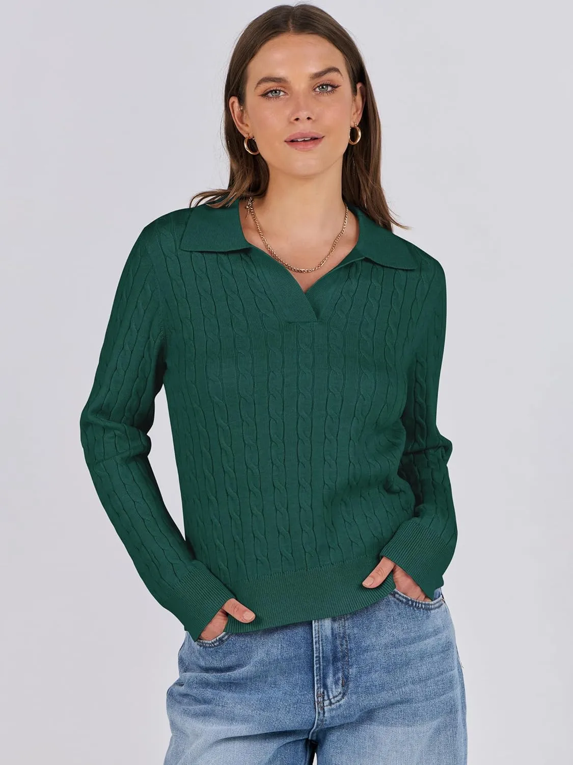 ANRABESS Womens Cable Knit Sweaters Long Sleeve V Neck Sweater Tops Casual Pullover Polo Shirts 2024 Fall Fashion Outfits