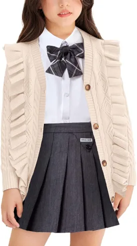 Arshiner Girls Cardigan Sweaters Ruffle School Uniform Sweater V Neck Button Front Outerwear 4-13 Years