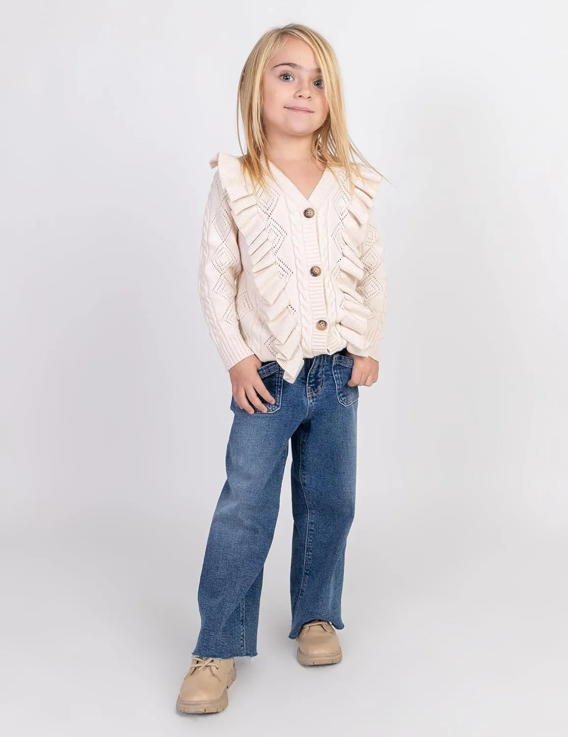 Arshiner Girls Cardigan Sweaters Ruffle School Uniform Sweater V Neck Button Front Outerwear 4-13 Years