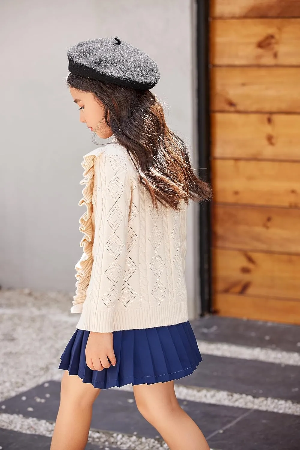 Arshiner Girls Cardigan Sweaters Ruffle School Uniform Sweater V Neck Button Front Outerwear 4-13 Years
