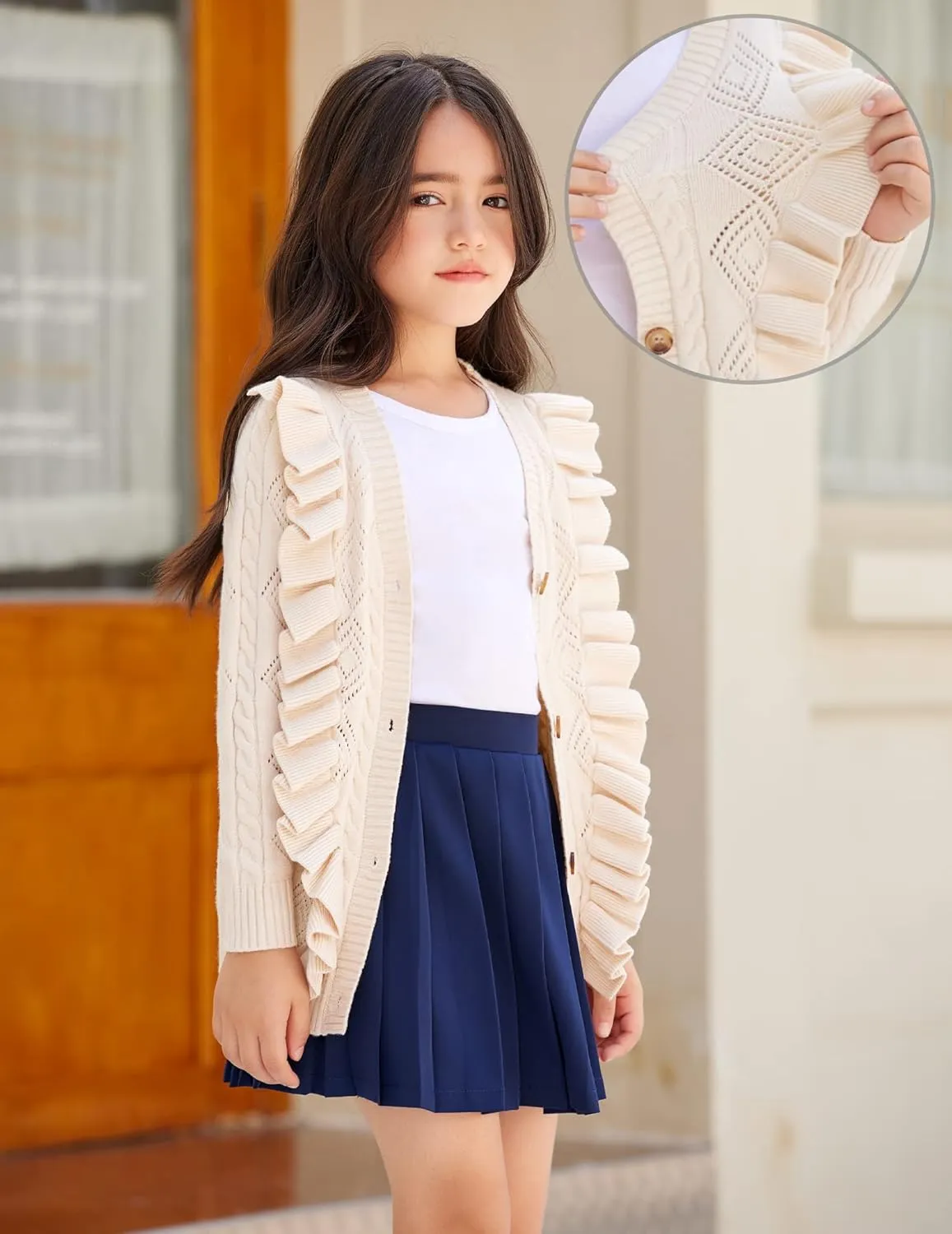 Arshiner Girls Cardigan Sweaters Ruffle School Uniform Sweater V Neck Button Front Outerwear 4-13 Years