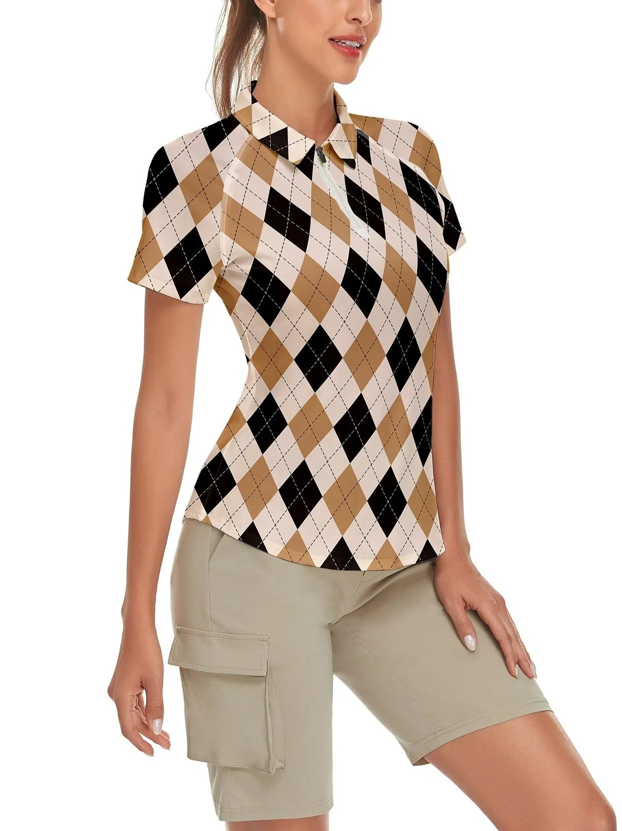Black and Brown Checkerboard V-neck Short-sleeved Polo Golf and Tennis Top