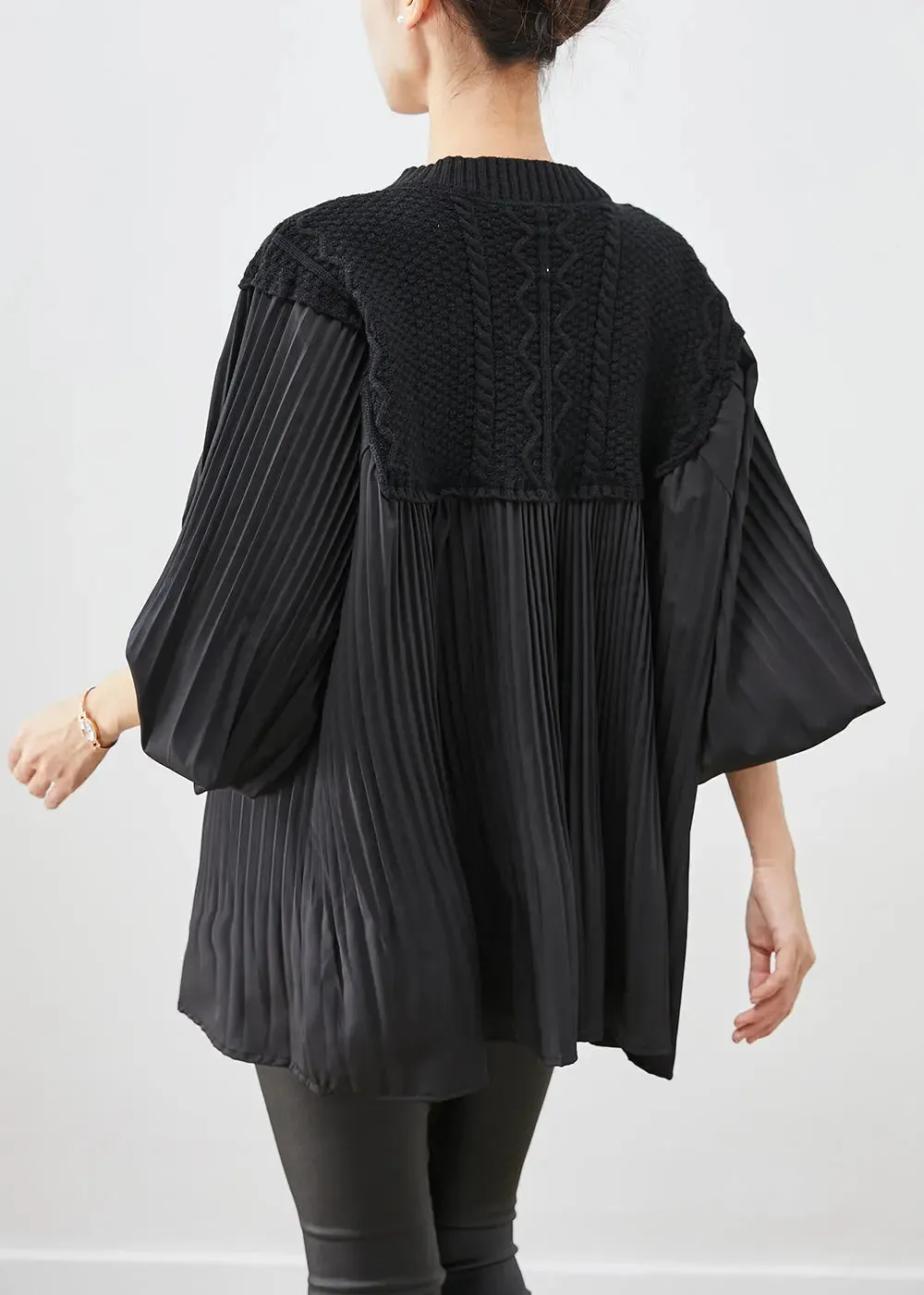 Black Oversized Patchwork Wrinkled Tops