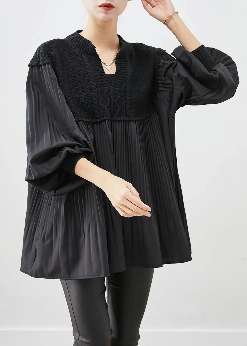 Black Oversized Patchwork Wrinkled Tops