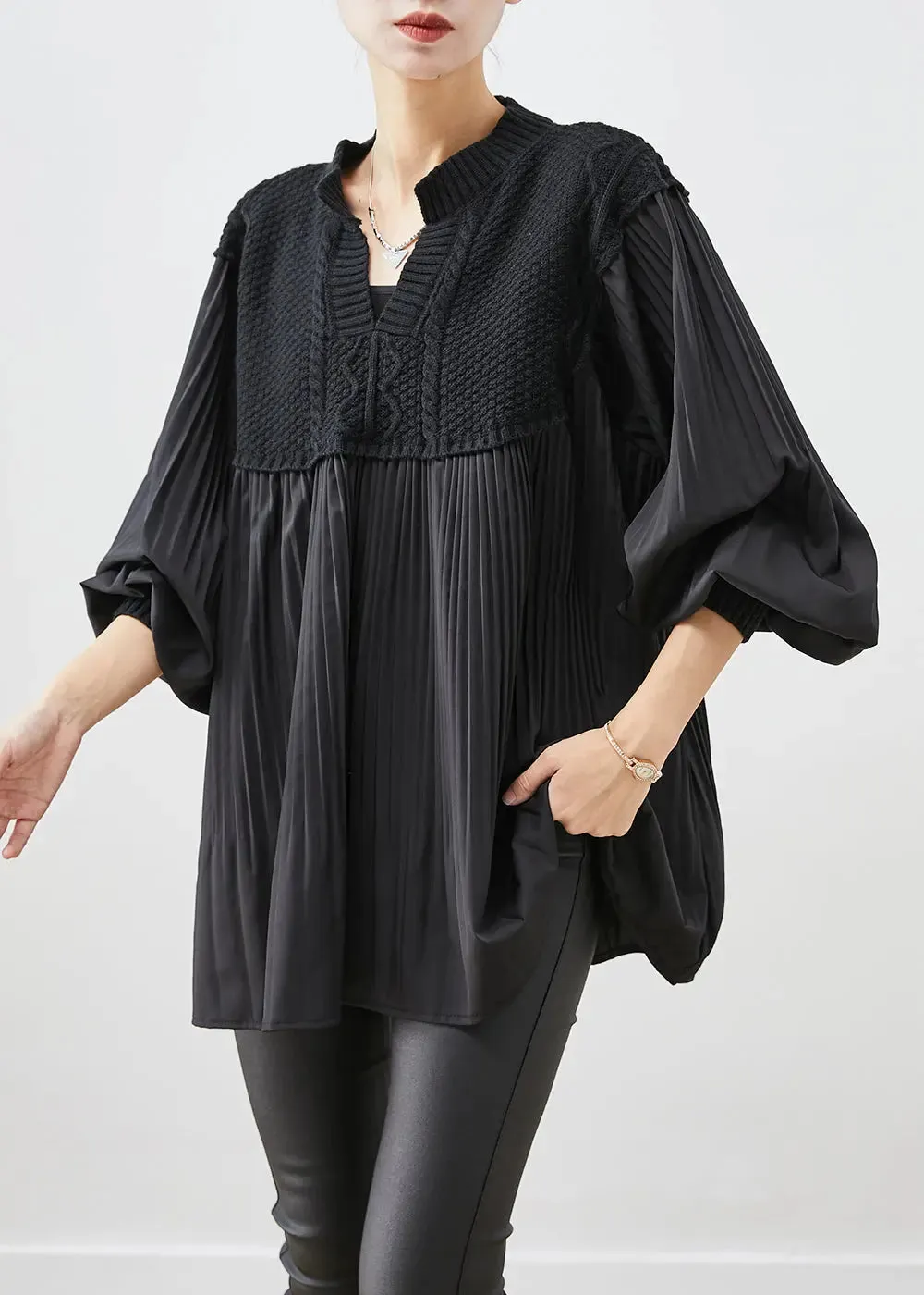 Black Oversized Patchwork Wrinkled Tops