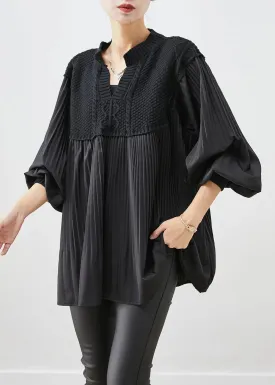 Black Oversized Patchwork Wrinkled Tops