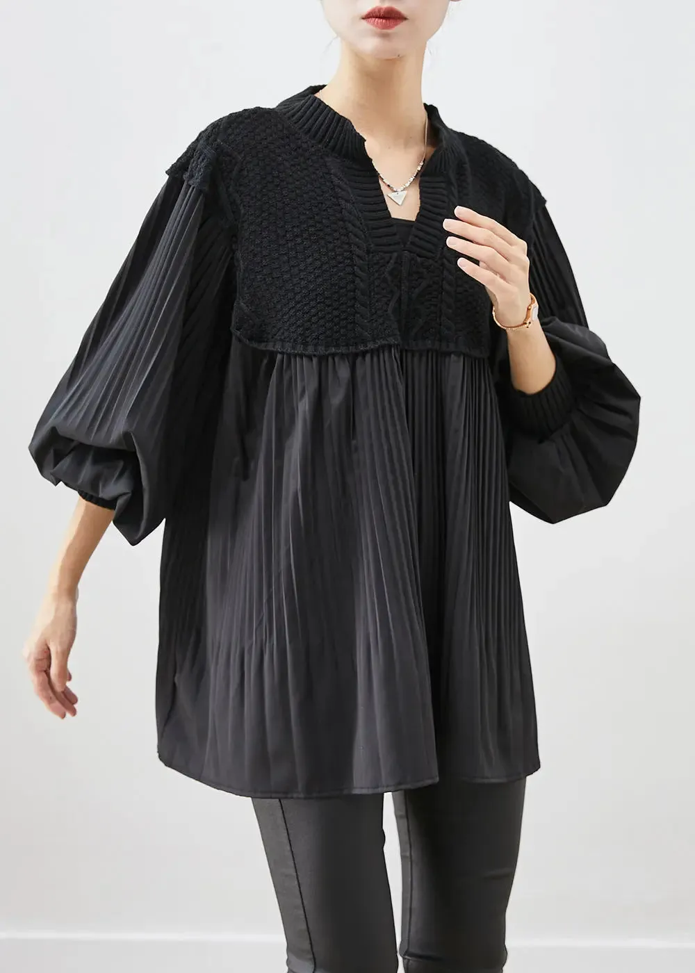 Black Oversized Patchwork Wrinkled Tops