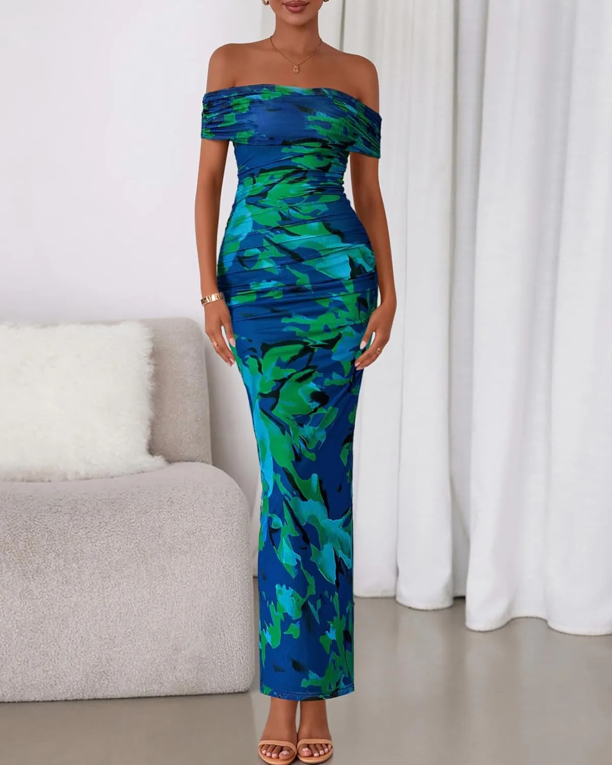 BTFBM Off Shoulder Bodycon Dresses for Women 2025 Summer Ruched Split Mesh Cocktail Party Club Floral Maxi Dress