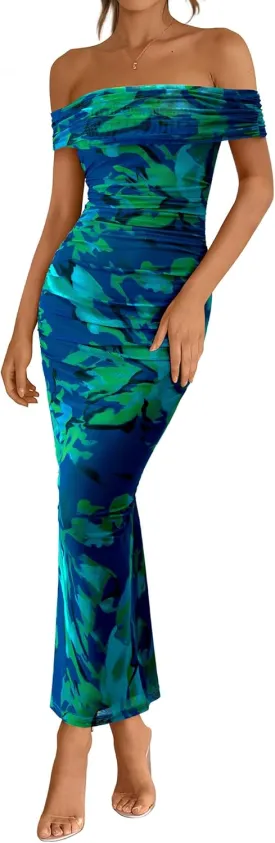 BTFBM Off Shoulder Bodycon Dresses for Women 2025 Summer Ruched Split Mesh Cocktail Party Club Floral Maxi Dress