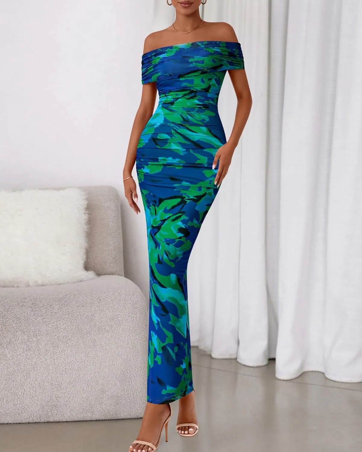 BTFBM Off Shoulder Bodycon Dresses for Women 2025 Summer Ruched Split Mesh Cocktail Party Club Floral Maxi Dress