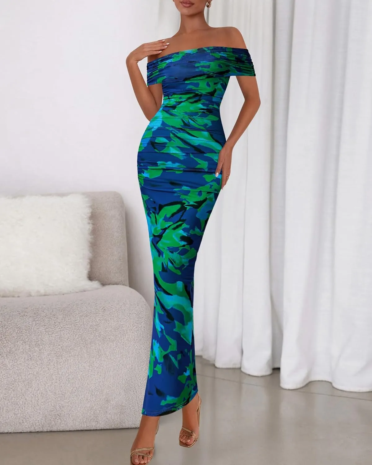 BTFBM Off Shoulder Bodycon Dresses for Women 2025 Summer Ruched Split Mesh Cocktail Party Club Floral Maxi Dress