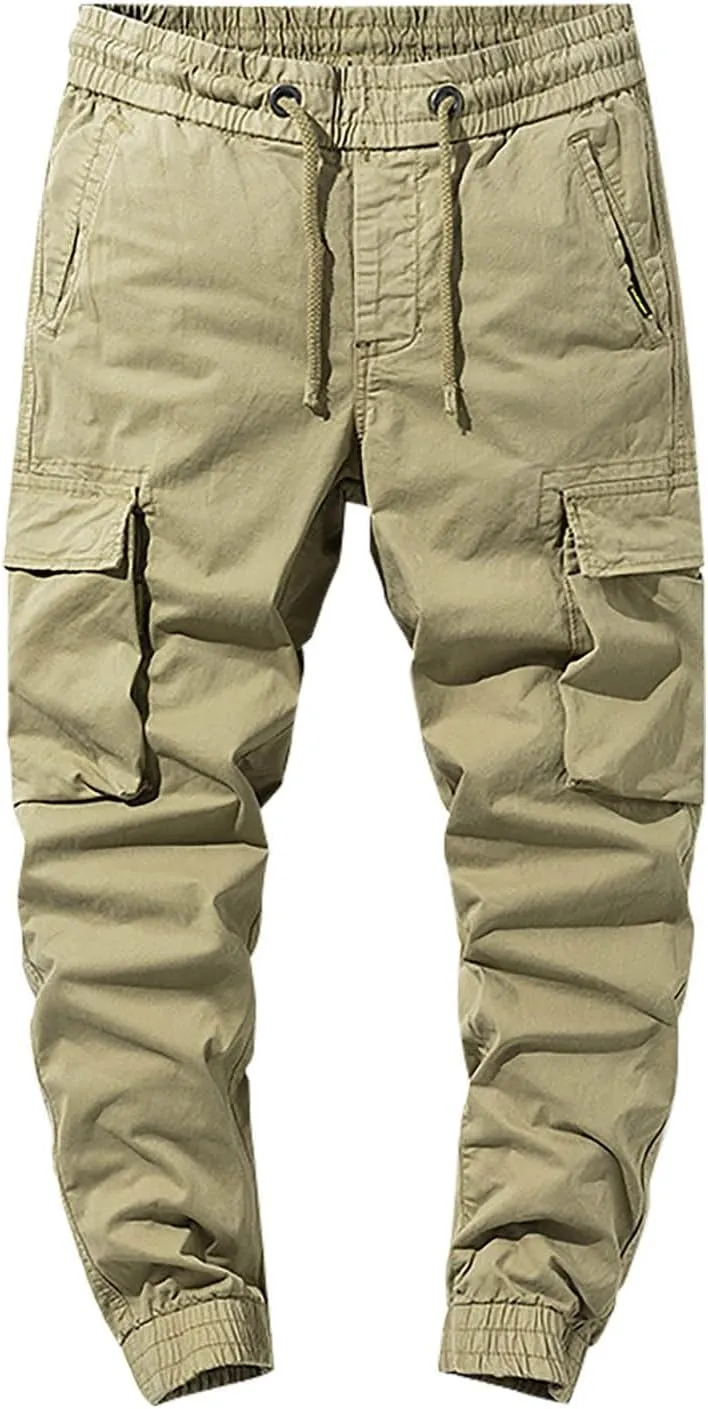 Casual Cargo Pants for Men Drawstring Elastic Waist Athletic Tapered Pants Outdoor Sports Joggers with Multi Pockets