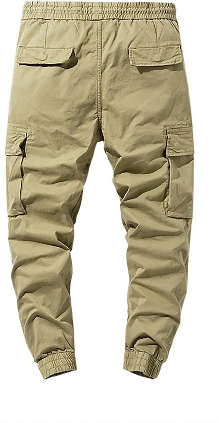 Casual Cargo Pants for Men Drawstring Elastic Waist Athletic Tapered Pants Outdoor Sports Joggers with Multi Pockets