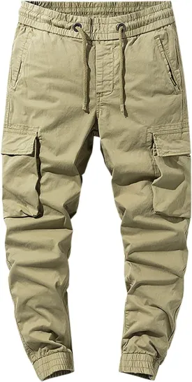 Casual Cargo Pants for Men Drawstring Elastic Waist Athletic Tapered Pants Outdoor Sports Joggers with Multi Pockets