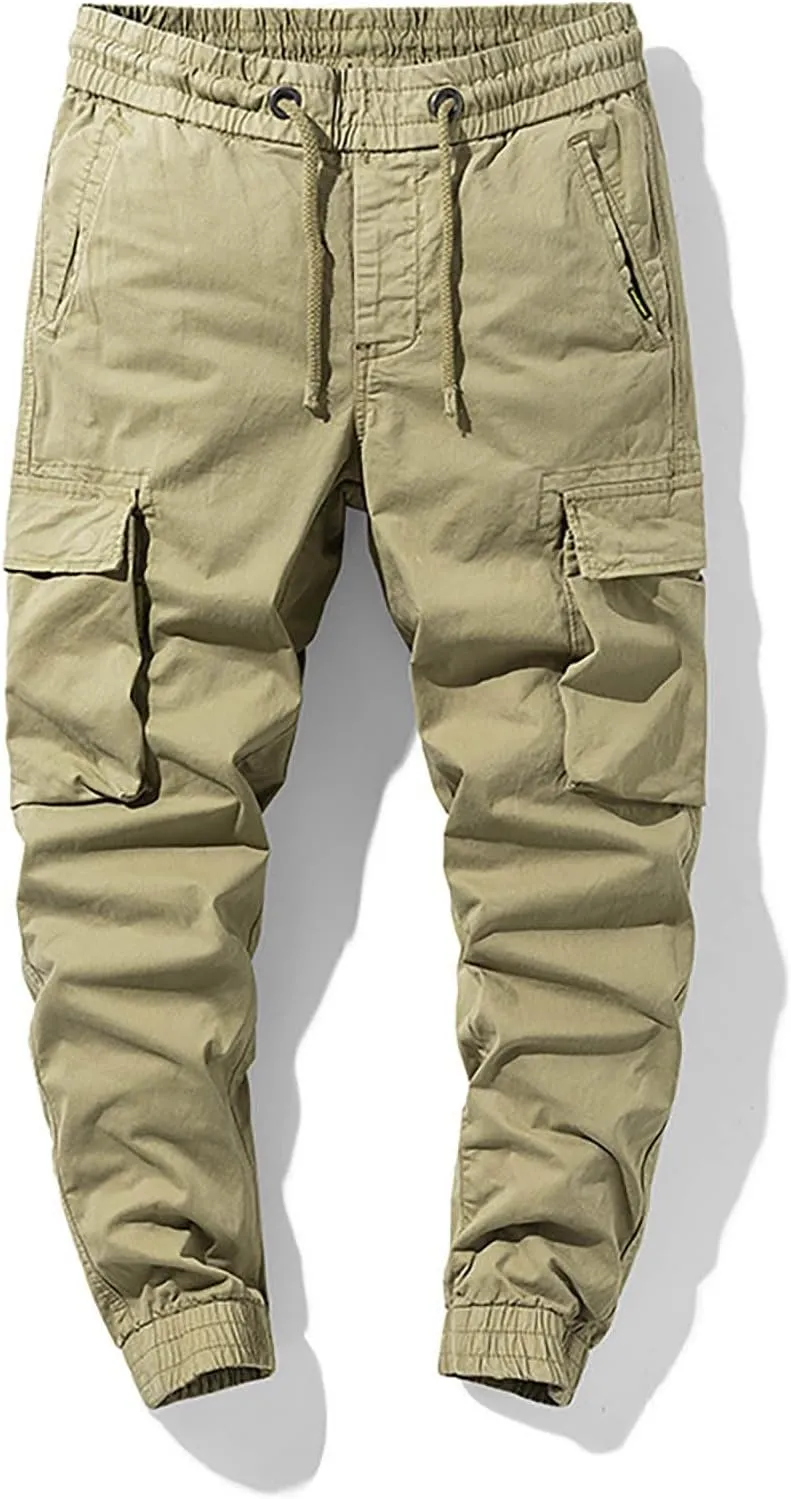 Casual Cargo Pants for Men Drawstring Elastic Waist Athletic Tapered Pants Outdoor Sports Joggers with Multi Pockets