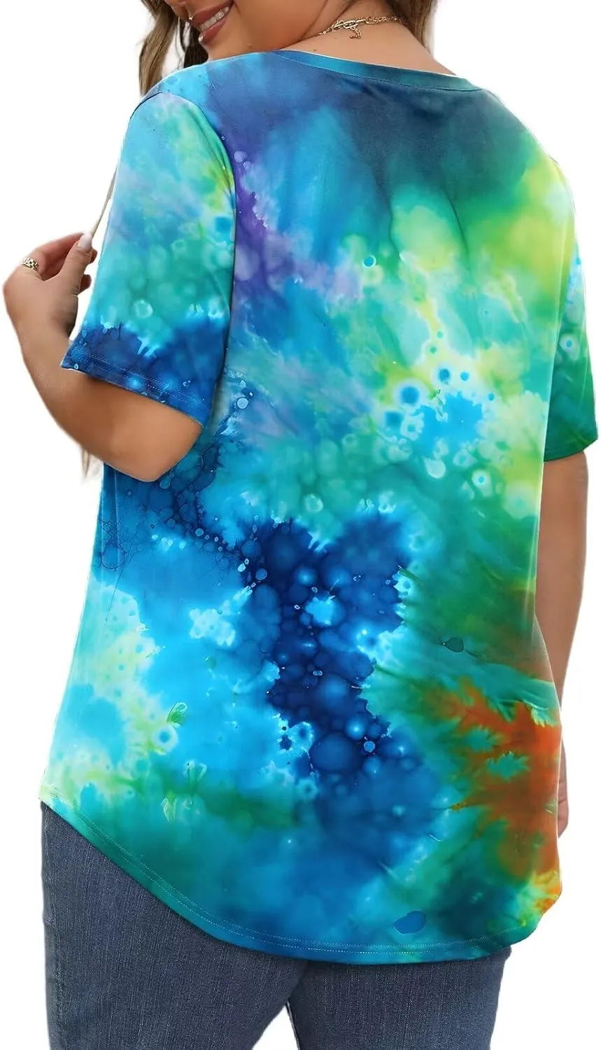 DOLNINE Womens Plus Size Tops Tie Dye Casual V Neck Summer Short Sleeve Loose Fit Shirts XL-5XL