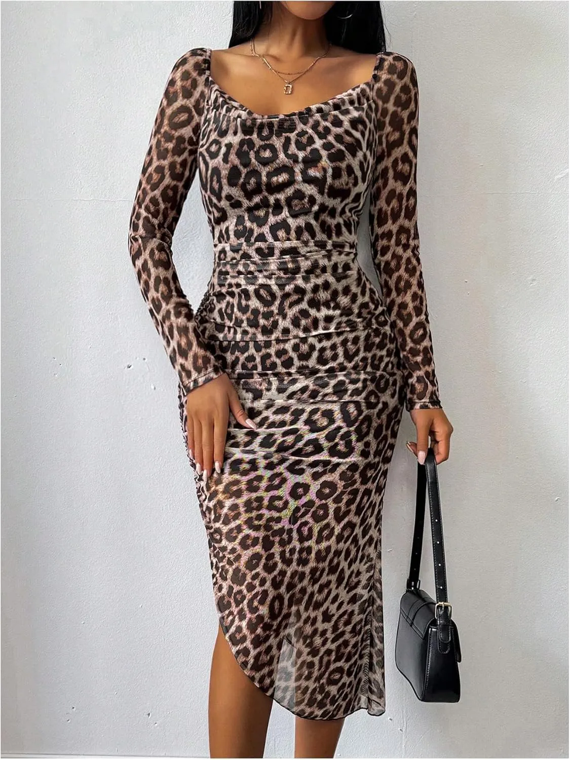 Floerns Women's Tie Dye Long Sleeve Cowl Neck Ruched Cocktail Bodycon Midi Dresses