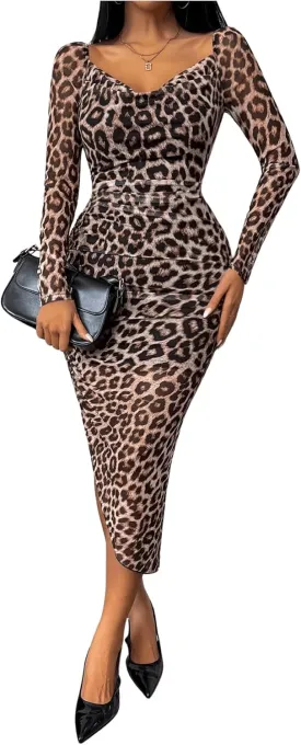 Floerns Women's Tie Dye Long Sleeve Cowl Neck Ruched Cocktail Bodycon Midi Dresses