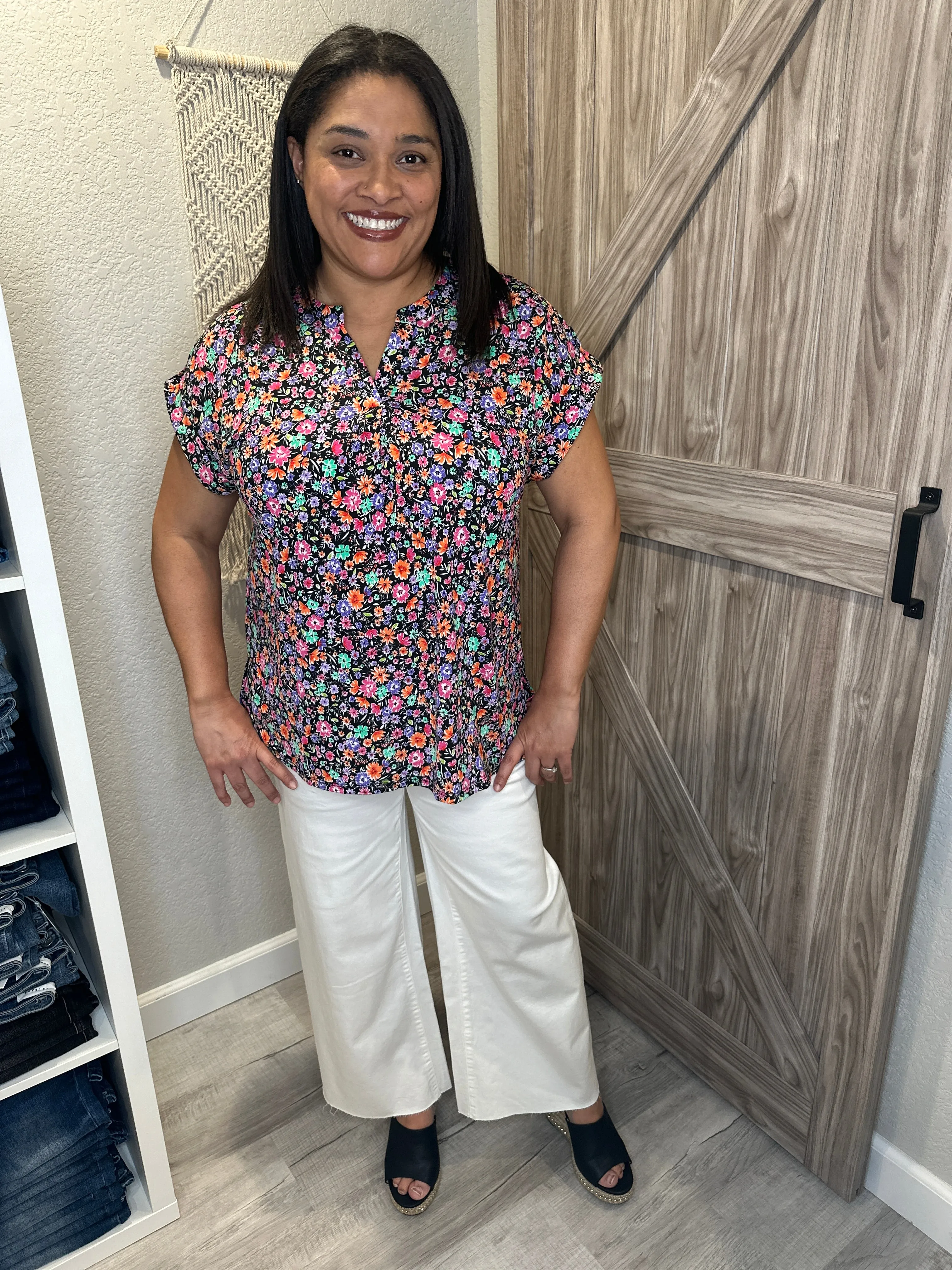 Floral Black Pink & Green Split Neck Short Sleeve Lizzy Top