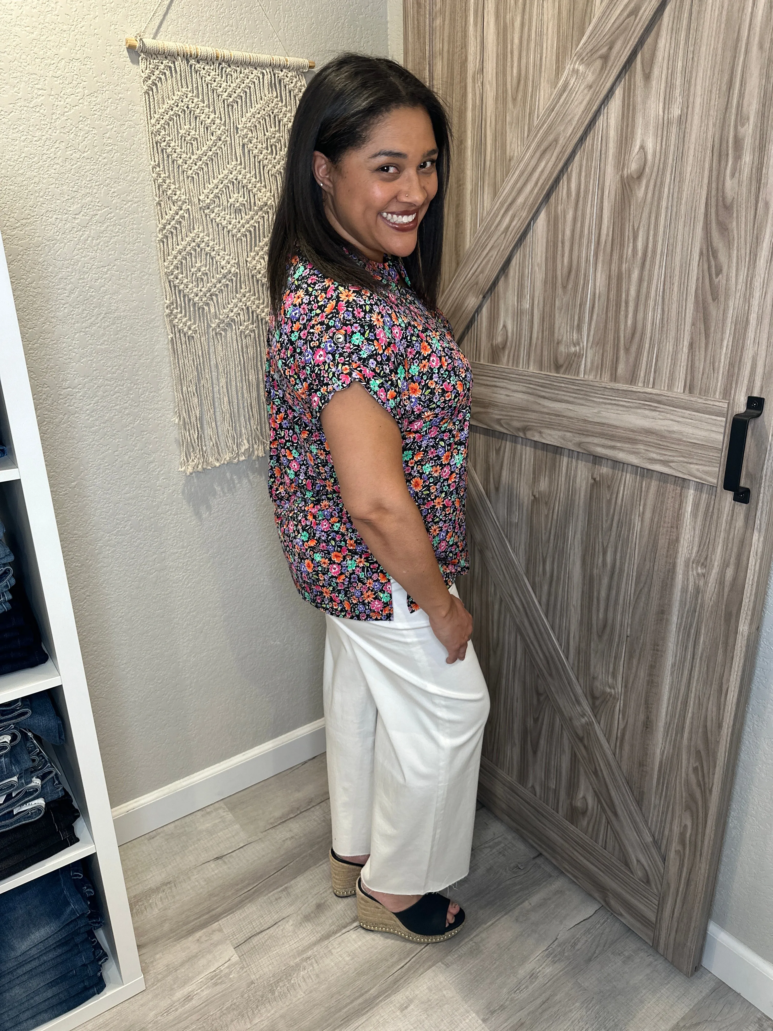 Floral Black Pink & Green Split Neck Short Sleeve Lizzy Top
