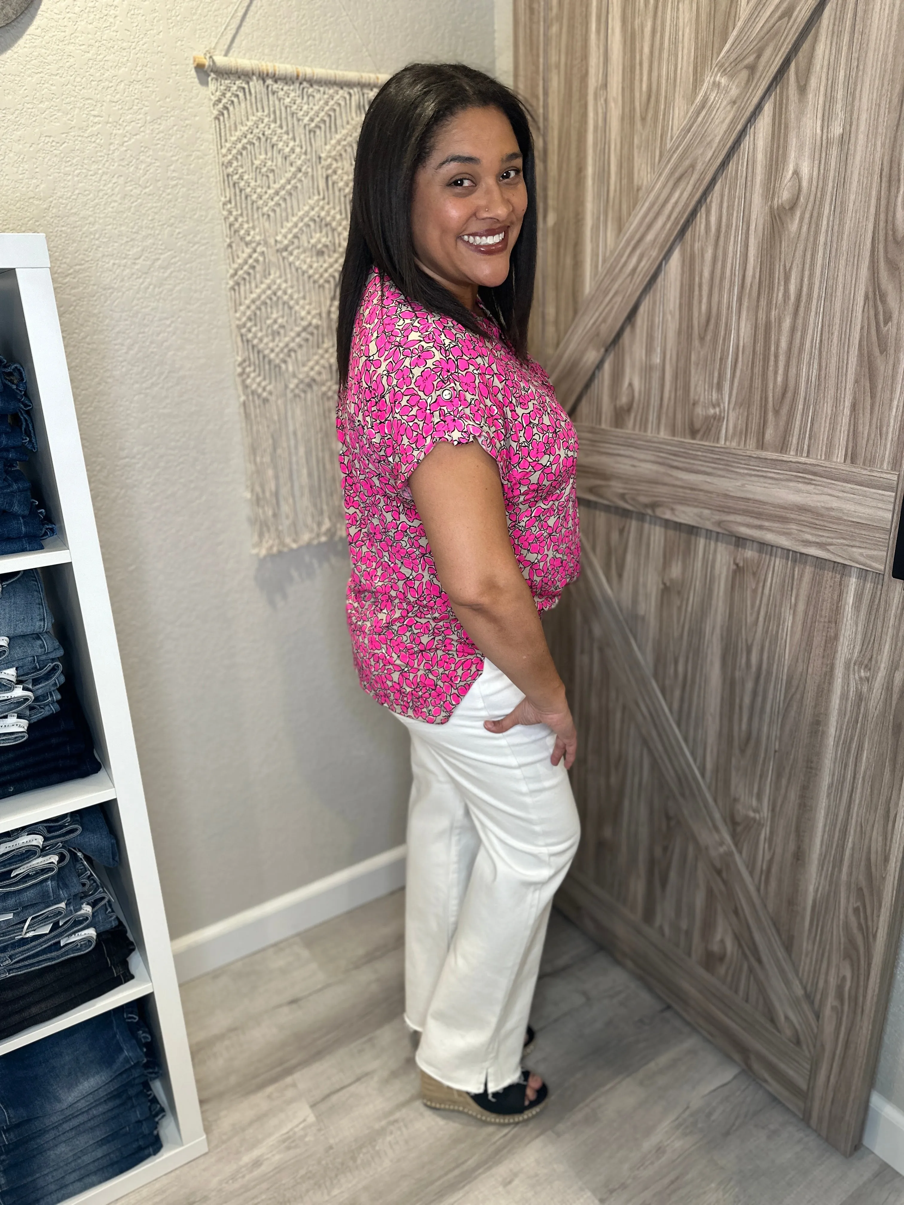 Floral Bright Pink Taupe & Black Split Neck Short Sleeve Lizzy Top