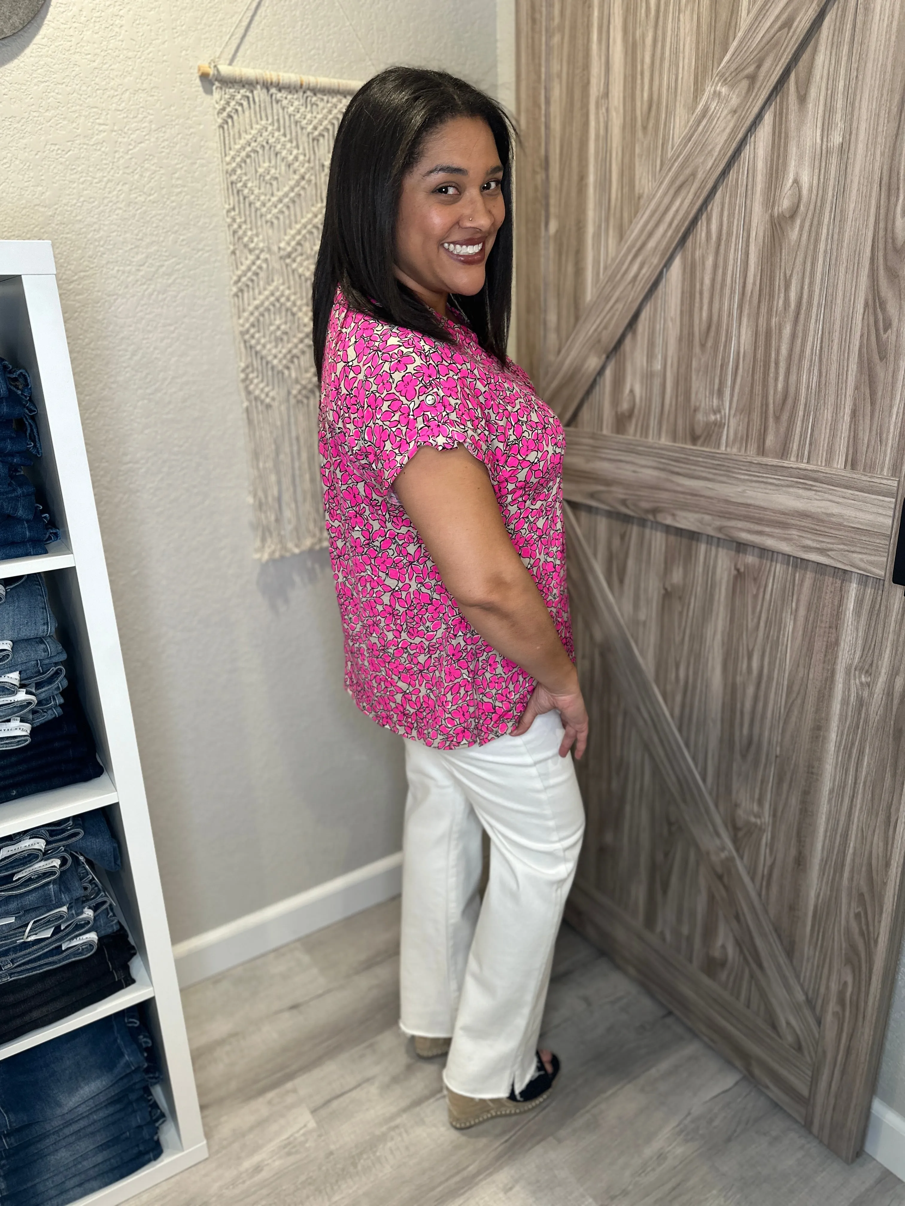 Floral Bright Pink Taupe & Black Split Neck Short Sleeve Lizzy Top