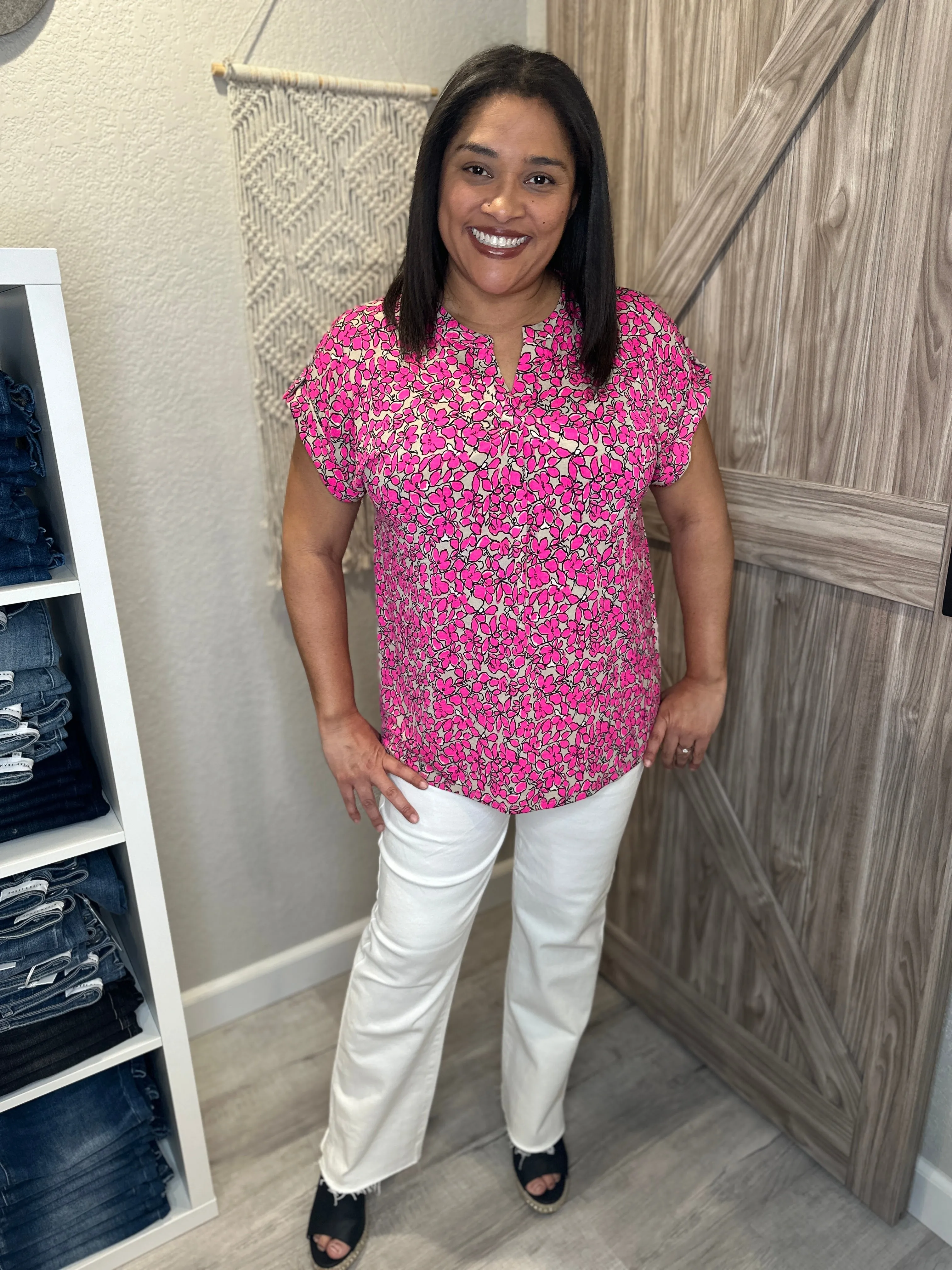 Floral Bright Pink Taupe & Black Split Neck Short Sleeve Lizzy Top