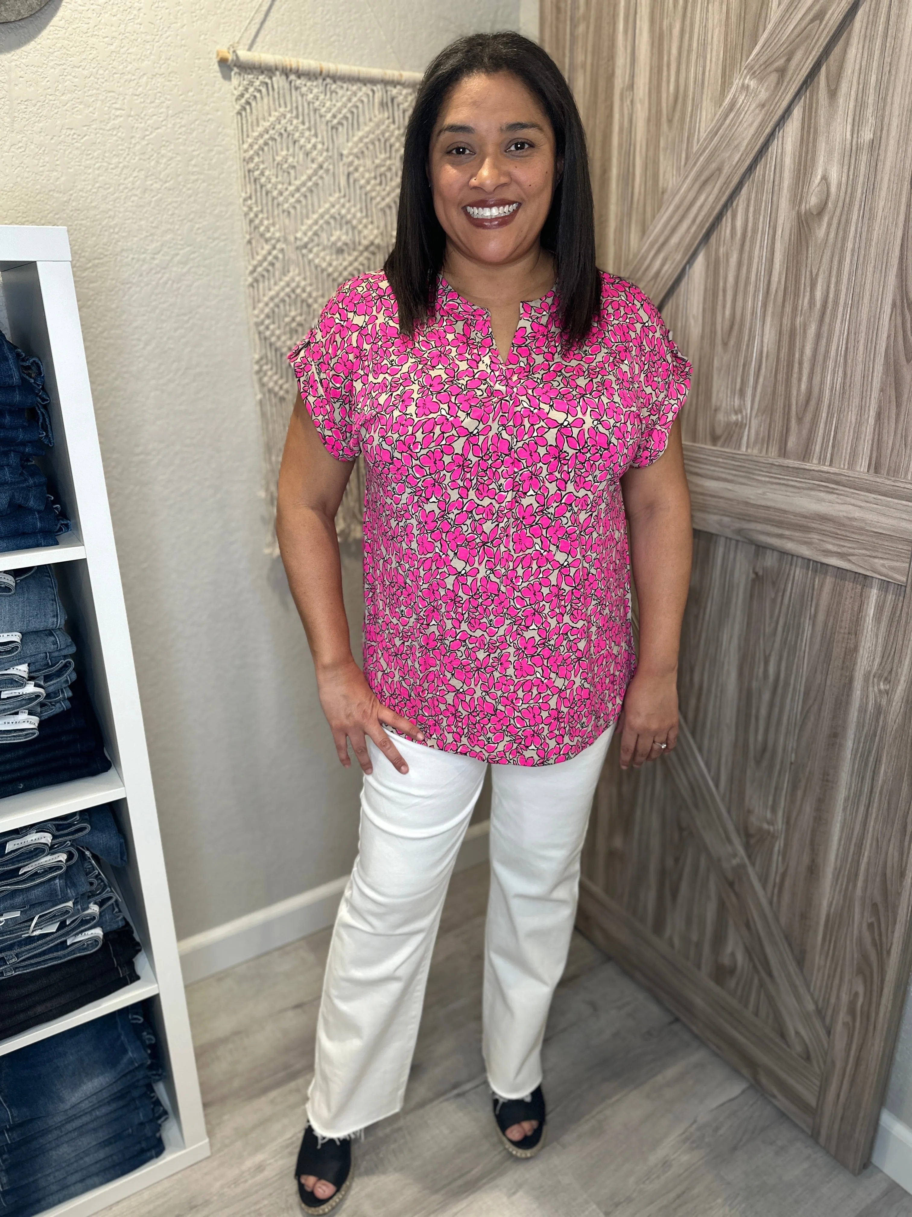 Floral Bright Pink Taupe & Black Split Neck Short Sleeve Lizzy Top