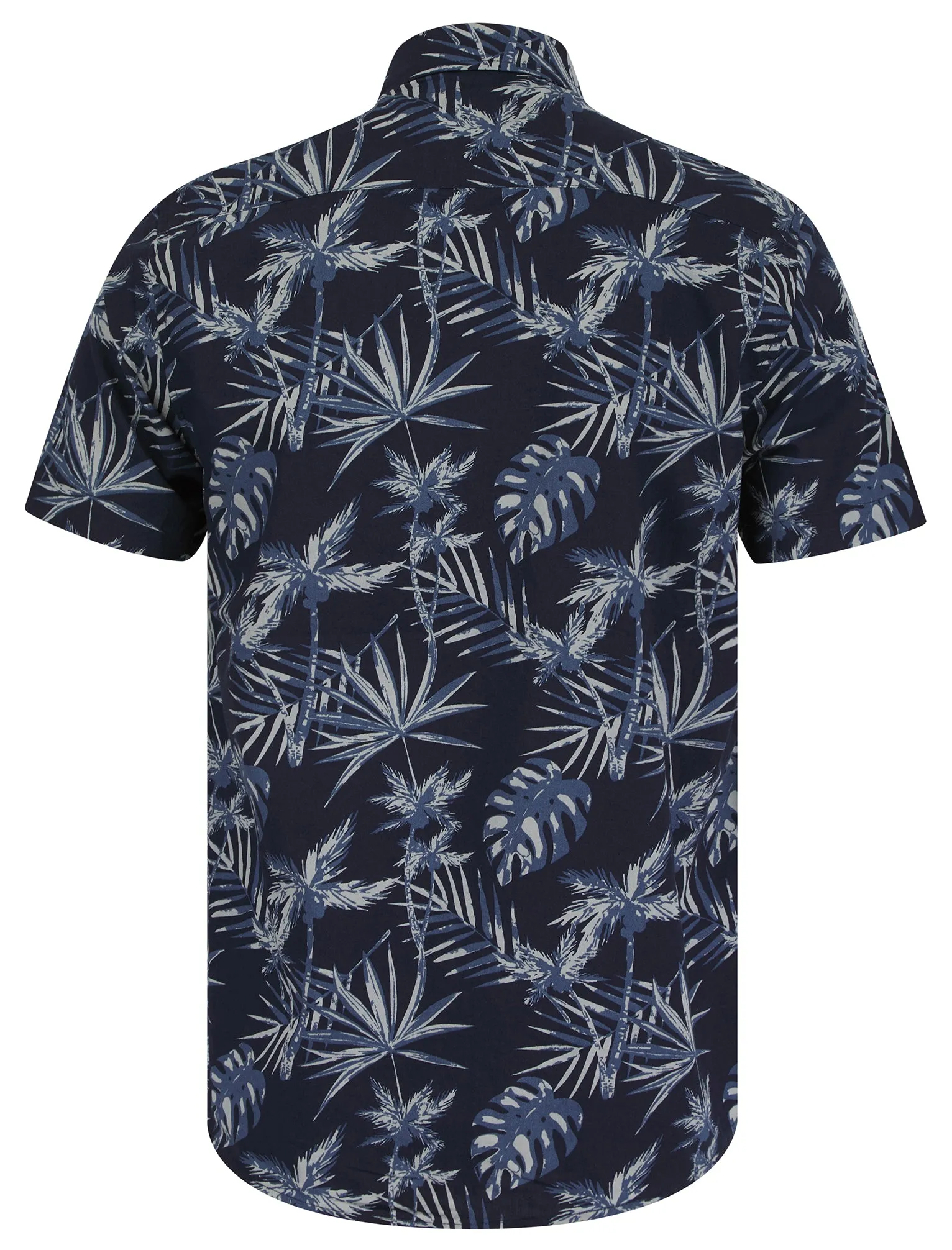 Fortuna Palm Leaf Print Short Sleeve Cotton Poplin Hawaiian Shirt in Sky Captain Navy - Tokyo Laundry