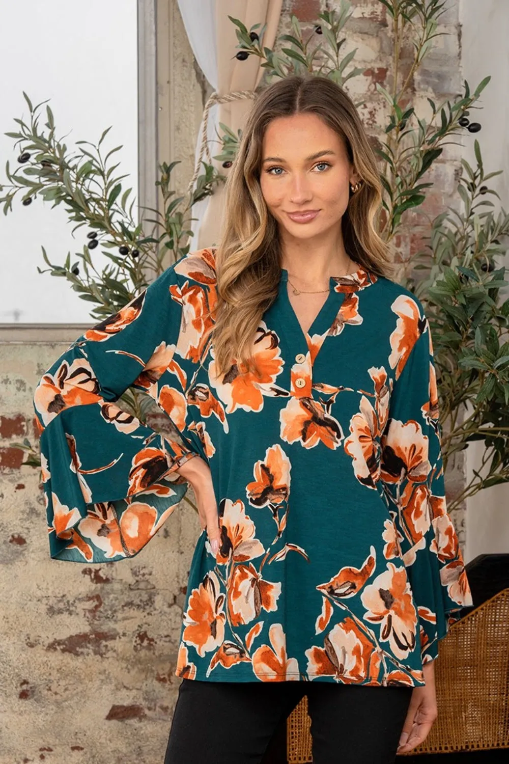 Full Size Wrinkle Free Floral Flounce Sleeve Top