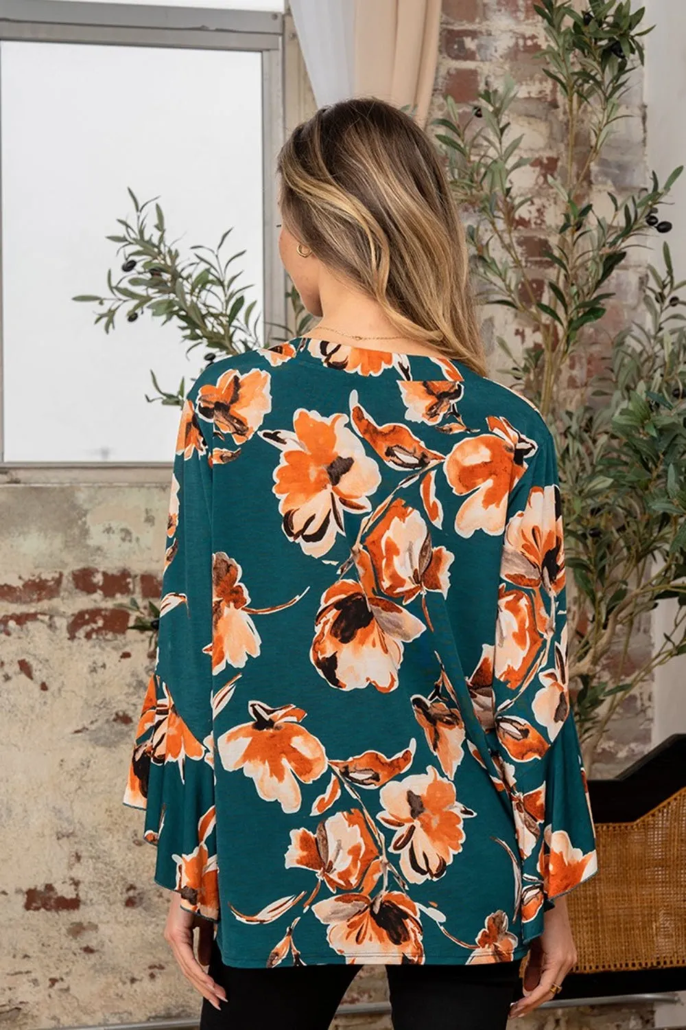 Full Size Wrinkle Free Floral Flounce Sleeve Top