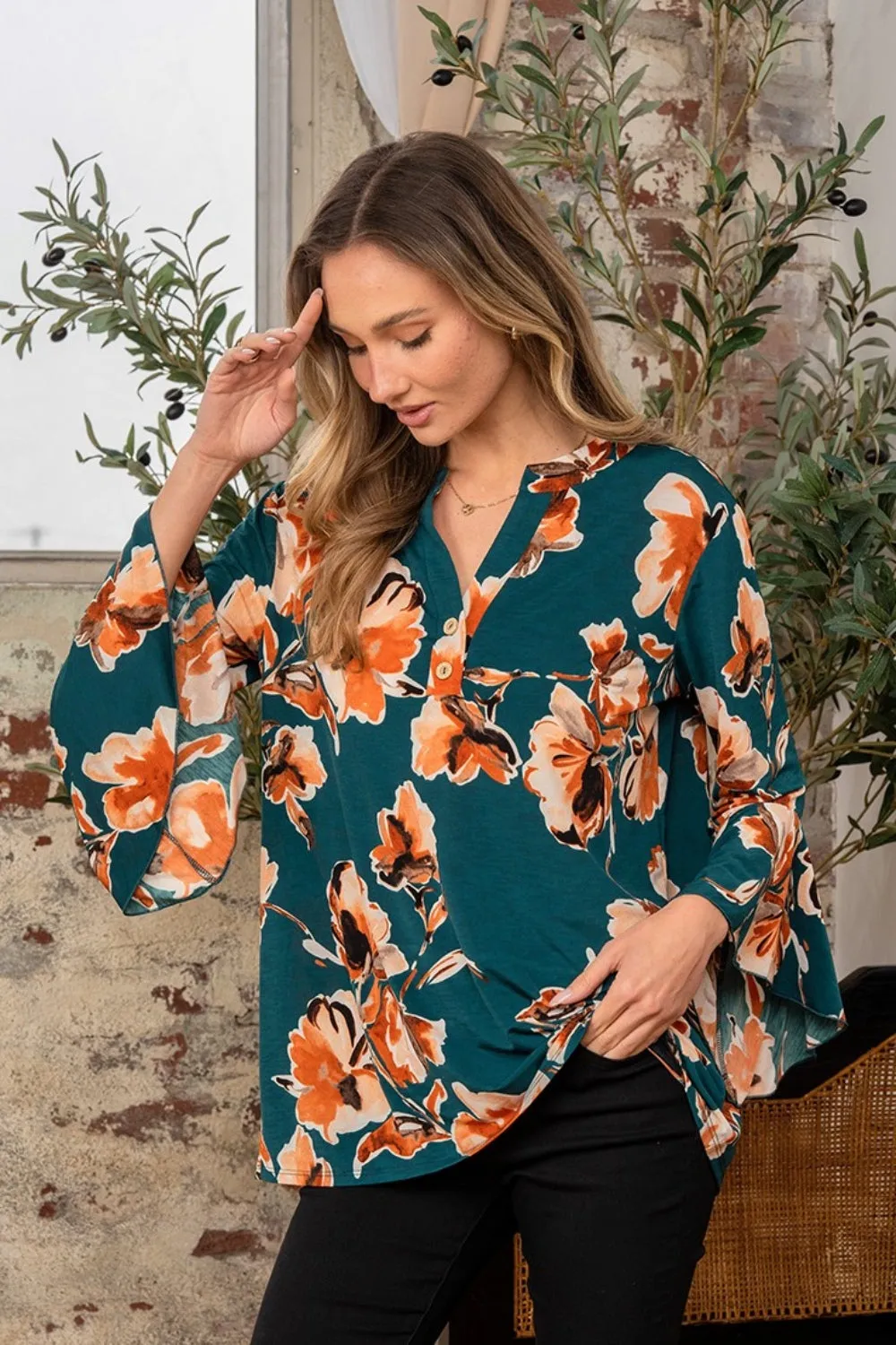 Full Size Wrinkle Free Floral Flounce Sleeve Top