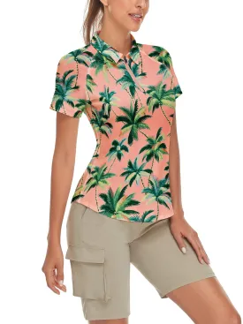 Green Coconut Trees on Pink Background Short-sleeve Golf Polo for Ladies