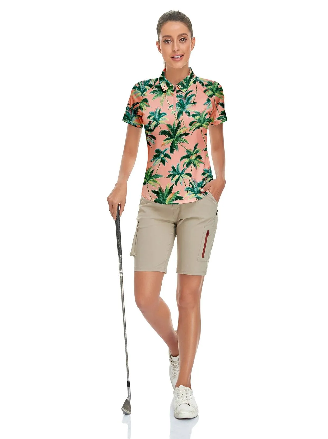 Green Coconut Trees on Pink Background Short-sleeve Golf Polo for Ladies