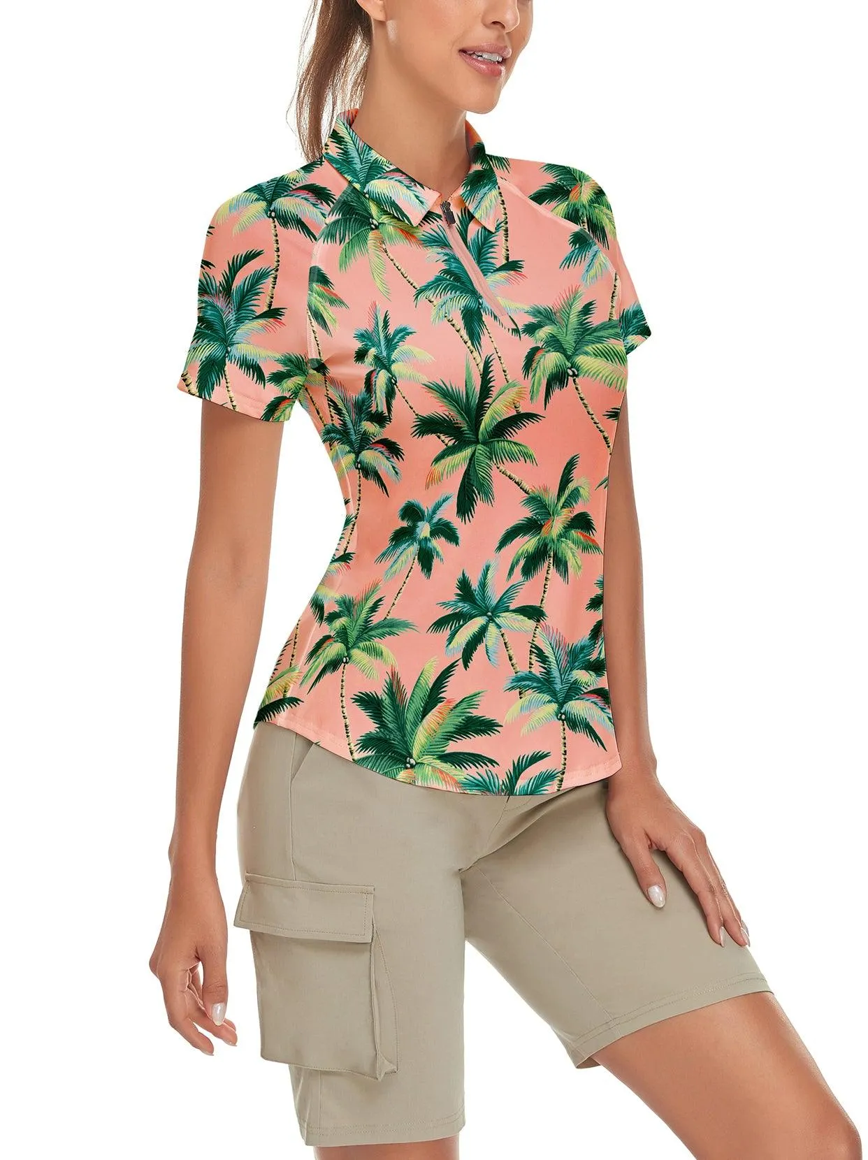 Green Coconut Trees on Pink Background Short-sleeve Golf Polo for Ladies
