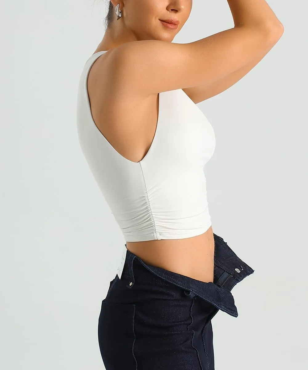 HOYAYO Women's Reversible Slim Fit Tank Top Boat Neck Sleeveless Dropped Armholes Side Ruched Double-Layer Crop Tee Shirt