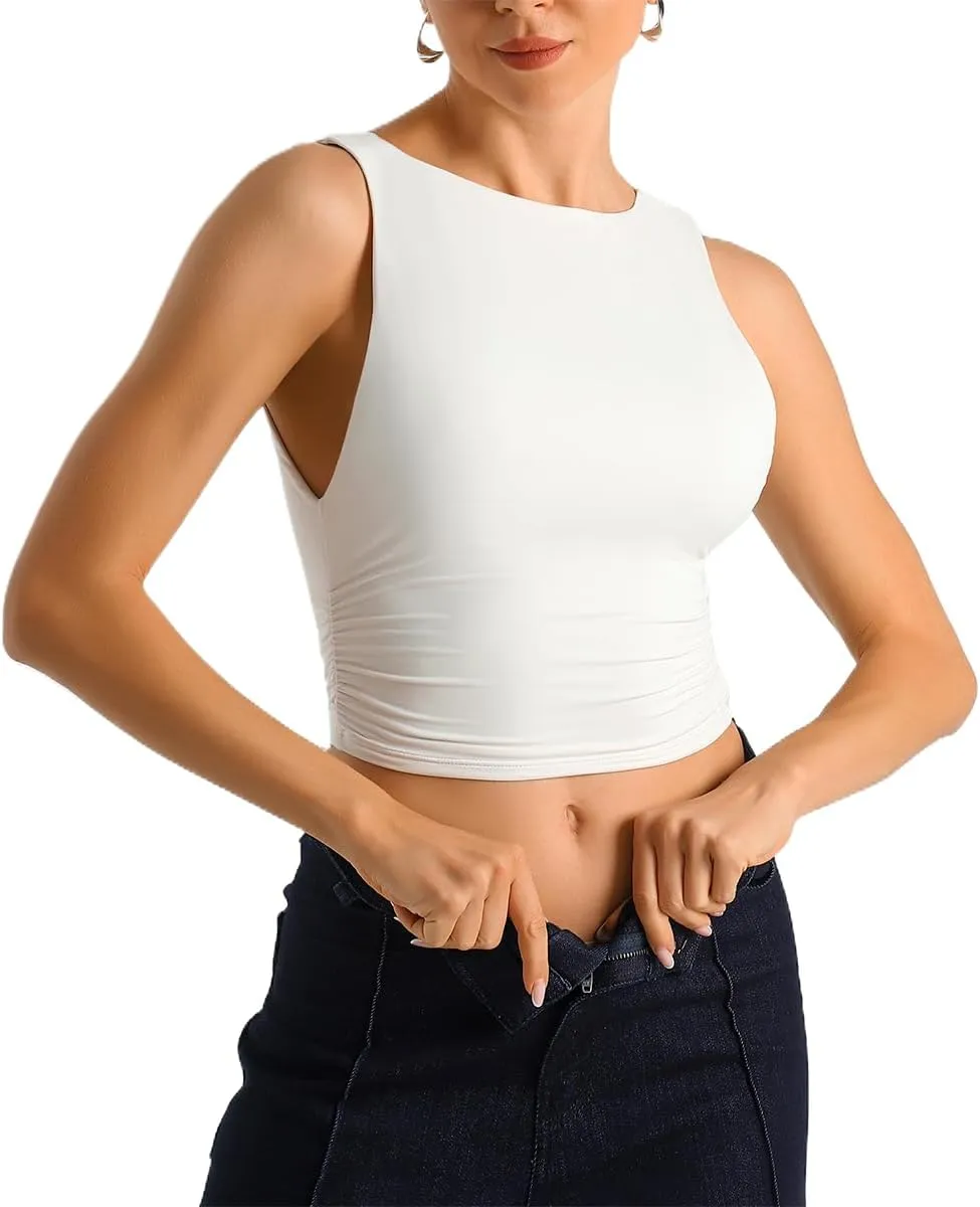 HOYAYO Women's Reversible Slim Fit Tank Top Boat Neck Sleeveless Dropped Armholes Side Ruched Double-Layer Crop Tee Shirt
