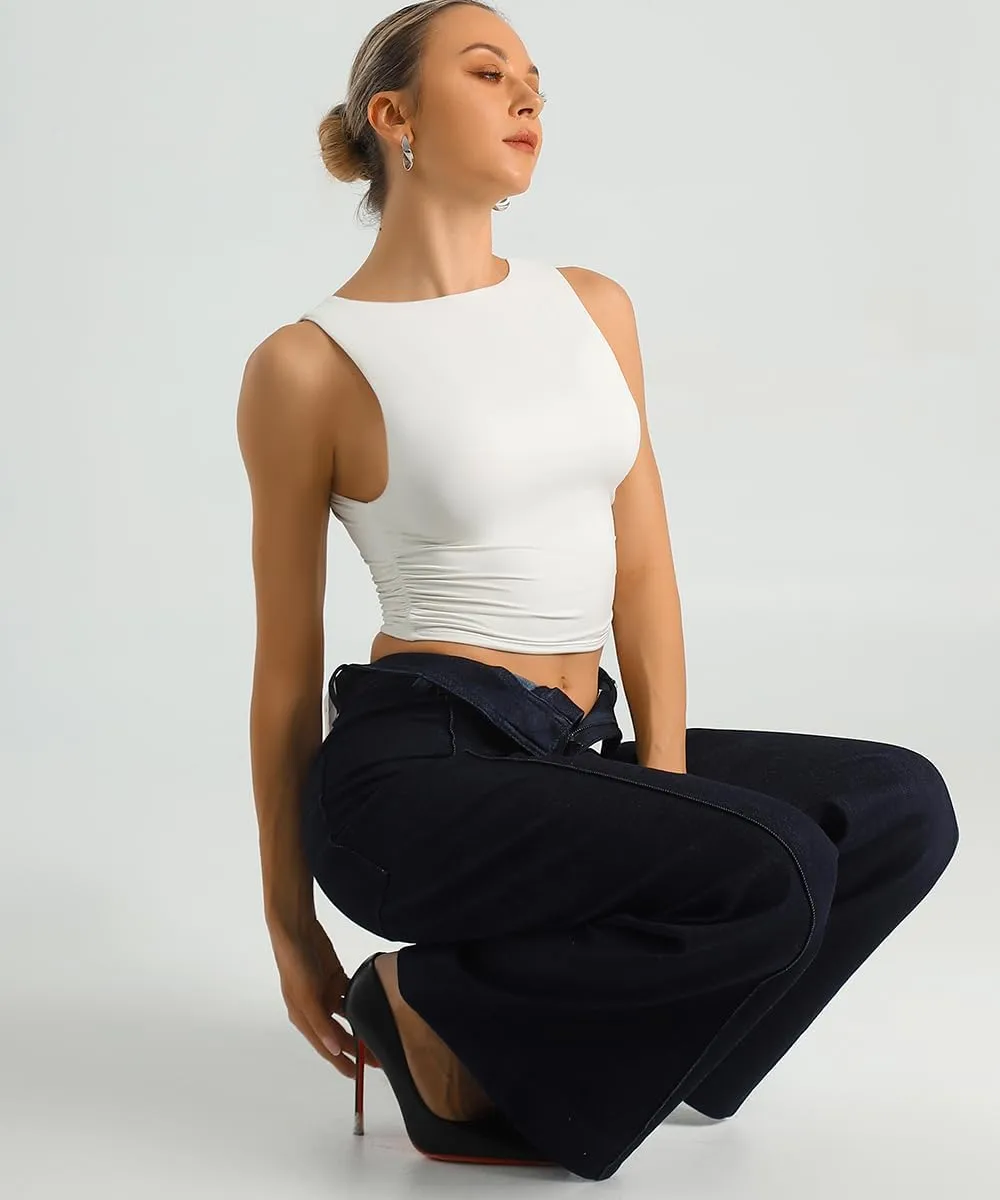 HOYAYO Women's Reversible Slim Fit Tank Top Boat Neck Sleeveless Dropped Armholes Side Ruched Double-Layer Crop Tee Shirt