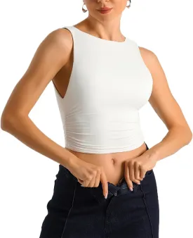 HOYAYO Women's Reversible Slim Fit Tank Top Boat Neck Sleeveless Dropped Armholes Side Ruched Double-Layer Crop Tee Shirt