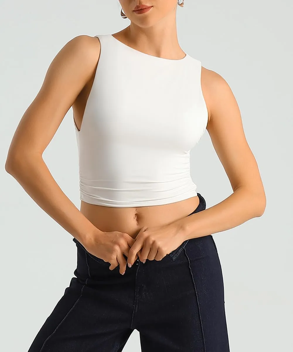 HOYAYO Women's Reversible Slim Fit Tank Top Boat Neck Sleeveless Dropped Armholes Side Ruched Double-Layer Crop Tee Shirt